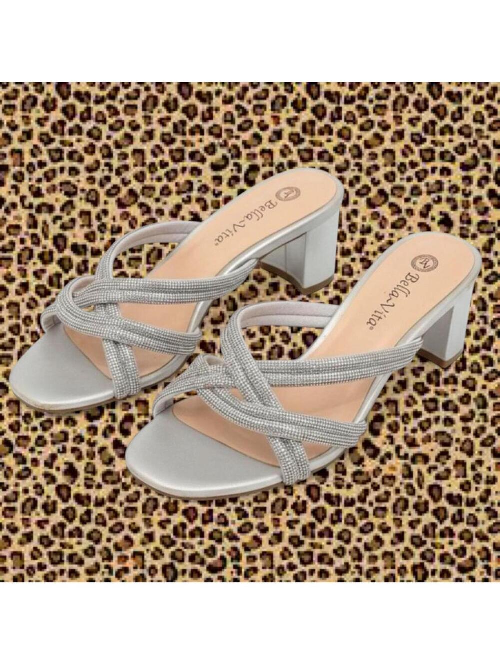 Bella Vita Carmen Dress Slide Sandals Women’s 8WW Silver Block Heel